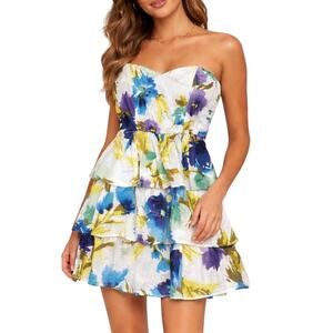 Kimchi Blue Women's Medium Strapless Dress Floral Tiered Ruffle